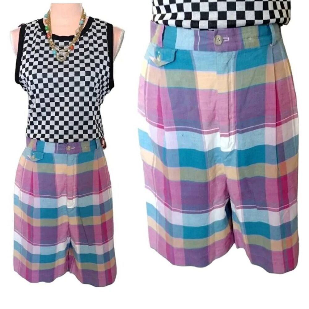 VTG 80s Colorful Plaid Ultra High Rise Cotton Mom‎ Shorts Size 12 *fits like Med